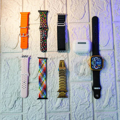 10 in 1 Set Ultra 2 Smart Bluetooth Calling Smart watch + Earphones with Transparent Screen Guard Watch with Seven Classic Straps (Mix Color)